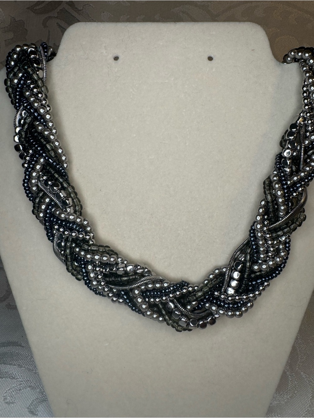 NWOT Premier Designs Braided Silver Grey Braided Bead Statement Necklace